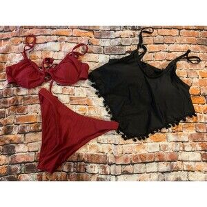 NWT NWOT 3 Piece Lot Bikini Burgundy Set & Black Pom Pom Top NEW Size Small S